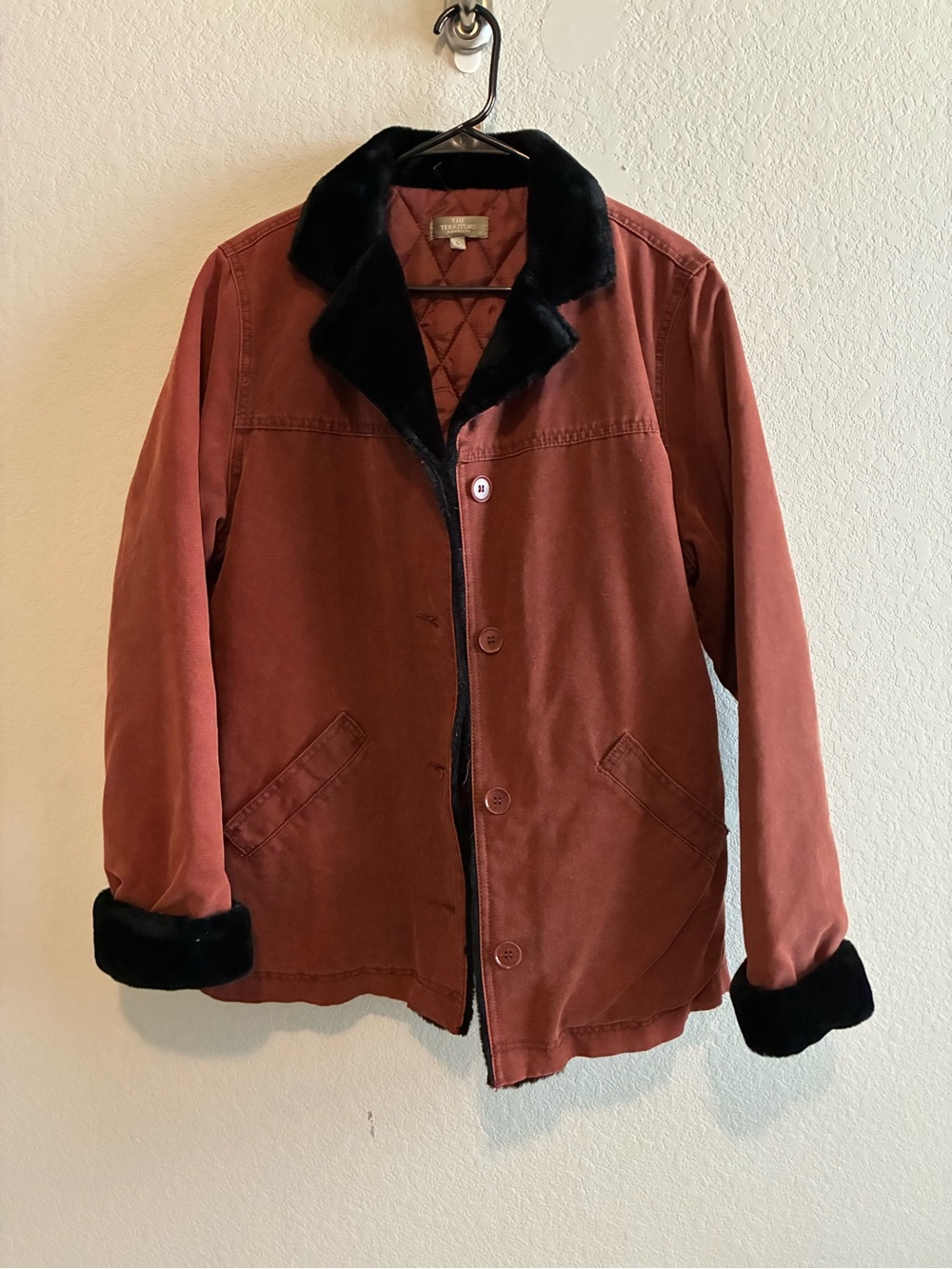 The Territory Ahead Women Red Brown Barn Coat with Black Faux-Fur Trim  Vintage